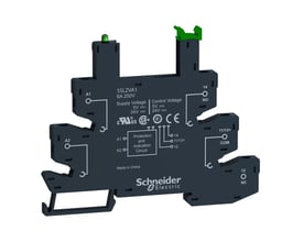 Detaljeret overblik over Schneider Electric SSR sokkel med mærkninger for spænding, kontrolkredsløb og terminaler med LED-indikator.