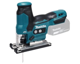 Makita 18V stiksav med et 18V Li-ion batteri indsat, viser værktøjets ergonomiske design og funktioner.