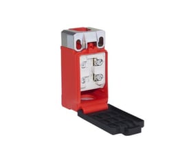 Bernstein IN65-SU1Z-M20 sikkerhedskontakt med åben klap og synlige klemmer i rødt og gråt metalhus.