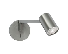 Astro Ascoli Swing væglampe i mat krom med rund vægplade, svingbar arm og cylinderformet lampehoved.