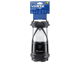 Varta Indestructible L30 Pro lommelygte i sort emballage med 7 års garanti og tekniske specifikationer vist.