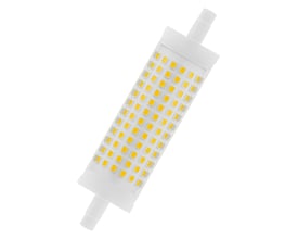 Nærbillede af Osram LED LINE klar lyskilde med R7s sokkel, der viser de mange små LED-lys på en hvid baggrund.