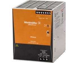 Weidmüller Pro Eco3 strømforsyning, 480W, 24VDC, 20A, vist fra siden med orange frontpanel og grå metalchassis.