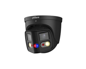 Sort Dahua TiOC Duo WizSense 2x4 MP netværkskamera med to objektiver, 2,8 mm optik og synlige lysfelter.