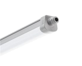 Opple P5 L12 LED-vandtæt armatur med 22/34 W og lysfarve 840, set skråt med endestykkets kabelindføring synlig.