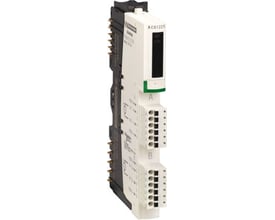 Schneider Electric STB KIT, 2 ana UD 4 20MA, basic I/O-system modul med hvidt og gråt hus samt grønne detaljer.