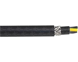 Sort YSLYCY-JZ styrekabel med 5G0,75 mm² ledere og flettet metalkappe. Kabelfremvisning med synlig gul leder.