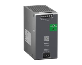Schneider Electric Modicon ABLS Optimized strømforsyning, set skråt forfra med frontens terminaler og justering synlige.
