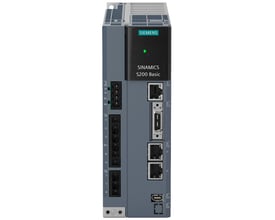Siemens SINAMICS S200 Basic frekvensomformer med PROFI-interface, vist forfra med tilslutningsporte og tydelig branding.
