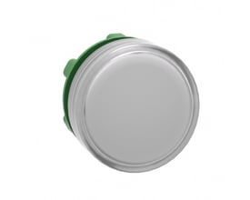 Schneider Electric Harmony XB5/ZB5 hvidt lampehoved med 22mm diameter. Fronten er sølvfarvet med en grøn monteringsring.