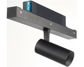 Sort hybrid spotmodul fra Øvrige med LED-spot, lang indbygningsskinne og synlig blå tilslutning.