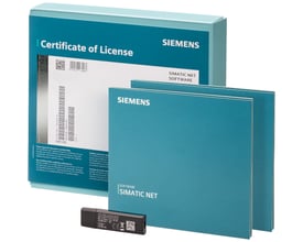 Emballagen til Siemens HARDNET-PB DP V18 kommunikationssoftware med licenscertifikat, softwareomslag og USB-flashdrev.