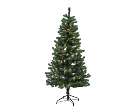 140 cm højt Nordic Winter kunstigt juletræ med 100 LED lys og sort metalfod, isoleret på hvid baggrund.