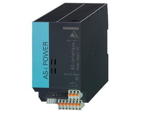 Siemens as-i POWER strømforsyning, 5A, model 3RX9 502-0BA00, med IP20 og tilslutningsklemmer vist på grå baggrund.