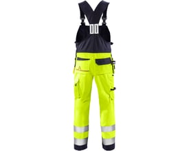 Kansas Fristads Flamestat Hi-Vis overalls i gul og marineblå, str. C62, med reflekser og CORDURA-knæforstærkning.