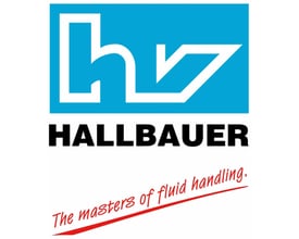 Hallbauer logo med blå baggrund og hvidt 'hz' symbol, samt sort tekst 'HALLBAUER' og slogan 'The masters of fluid handling'.