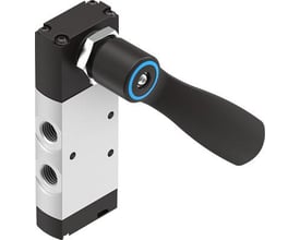 Festo håndtagsventil VHEF-HS-P53C-M-G14 med sort håndtag og blå detaljering, vist på hvid baggrund.