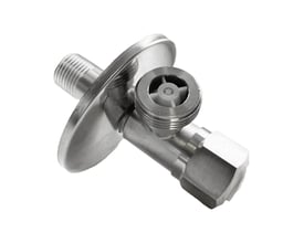 Rustfri stopventil med keramisk spindel og kontraventil, 1/2x3/4 tommer tilslutning på hvid baggrund.