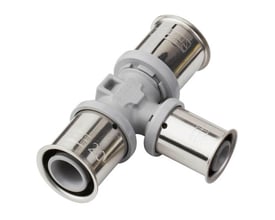 Roth PressCheck T-stykke til 20-16-20mm Alupex rør, fremstillet af korrosionsbestandig PPSU med tre muffetilslutninger.