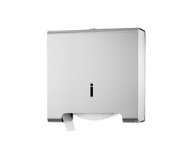 Intra Juvel Icon papirholder i rustfrit stål til store toiletruller, med lukket kabinet og papir, der trækkes ud forneden.