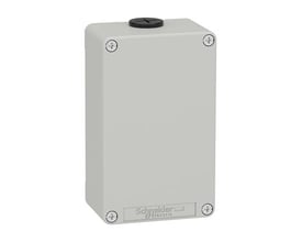 Schneider Electric trykknapkasse XAPD i grå metal, model uden huller, med synlig Schneider Electric logo.