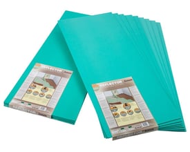 Heatcom Flxboard 3 mm isoleringsplader i turkisgrøn, 6 m2 pakke, stablet og klar til installation på hvid baggrund.