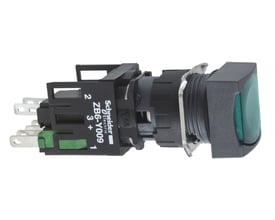 Schneider Electric lampetryk med kvadratisk grønt kiptryk, 16 mm Ø, med en integreret LED og metalfatning.