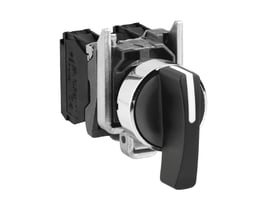 Schneider Electric XB4BJ53 drejeafbryder monteret, viser sort drejehåndtag og krombelagt frontring på Ø 22 mm hus.