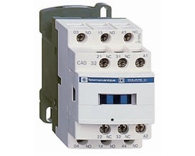 Schneider Electric TeSys hjælperelæ 3SL+2BR, 230V CAD32P7 med markeringer for spoler og kontakter på grå baggrund.