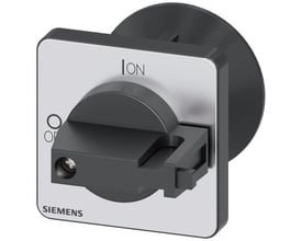 Siemens vælgerkontakt sort 48x48 mm til frontplademontering med "ON" og "O" symboler tydeligt markeret.