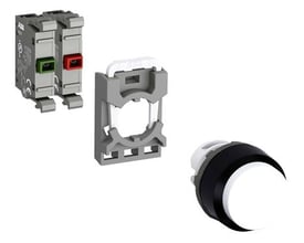 ABB trykknap komponenter: en grå monteringsramme, en grøn/rød kontaktblok og en hvid/sort trykknap med en sort kant.