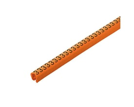 Weidmüller kabelkodningssystem med orange ledningsmarkører, hvor tallet 3 gentages langs den åbne profil.