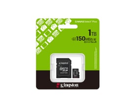 Kingston Canvas Select Plus G3 microSDXC-kort på 1 TB med adapter ses i grøn emballage med kapacitets- og hastighedsmærker.