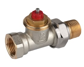 Honeywell Home V2020FX ventilhus til fremløb, ligeløbende, 1/2'' i forniklet messing med rød justeringsknap.