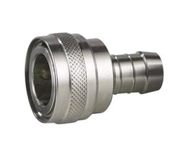 Nito koblingshus i rustfrit stål med 1/2" slangespids og grebsmønster, monteret på hvid baggrund.