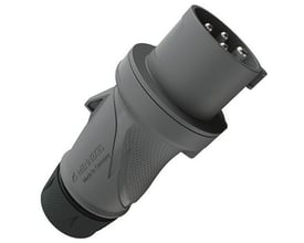 Mennekes PowerTOP Xtra R CEE-stik i grå og sort, set skråt forfra med fire synlige kontaktben; 16 A, 400 V og IP54.