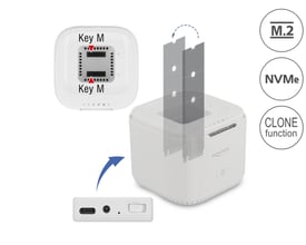Delock M.2 docking station med kloningsfunktion, viser hvordan to M.2 NVMe SSD'er indsættes og de tilsluttede porte.