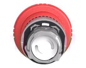 Nærbillede af Schneider nødstop: Rød tryk-drej knap set fra undersiden, viser monteringsmekanismen.