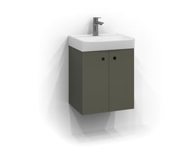 Svedbergs Intro underskab i salvie mat med to låger og integrerede greb, 45x35 cm, monteret på en væg med skygge.