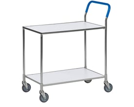 Handy Transportvogne Allround serveringsvogn med 2 hvide laminerede hylder, 150 kg kapacitet og blå plasthåndtag.