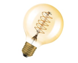 Nærbillede af Ledvance 1906 Globe 80 amberfarvet LED-pære med E27 fatning og synlige spiral filamenter.