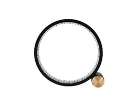 Nærbillede af Slim Cirkel RGBIC lampen, der viser dens sorte ringdesign med en gylden knap på siden.