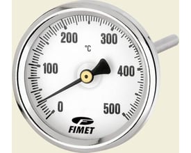 Røggastermometer med hvid urskive og sort visker, måler fra 0-500°C. Synlig FIMET logo.