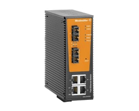 Weidmüller IE-SW-AL06LM-4TX-2SCS industriel managed switch med orange front, fire RJ45-porte og to fiberporte.
