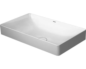 Duravit firkantet bordstående vask i hvid porcelæn, måler 600 x 345 mm, uden hanehul og overløb, vist på hvid baggrund.