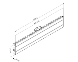 Teknisk tegning af Vogels PFB 3407 Interface Bar, 715 mm lang, sort med angivne dimensioner i millimeter og tommer.