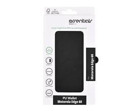 Emballage med sort Motorola Edge 60 PU-pung, en bogomslagsmodel med plads til tre kort.