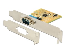 DeLock PCI Express-kort med én seriel RS-232-port og DB9-hanstik samt standard- og low-profile-beslag.