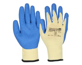 OS Gripper Blue arbejdshandsker i str. 11 med blå latex-belægning og crepet overflade på fingre og håndflade.