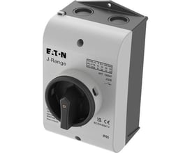 Eaton J-Range reparationsafbryder i sort-grå IP65, 32A, 3P med aflåseligt sort håndtag og tydelige mærkeskilte.